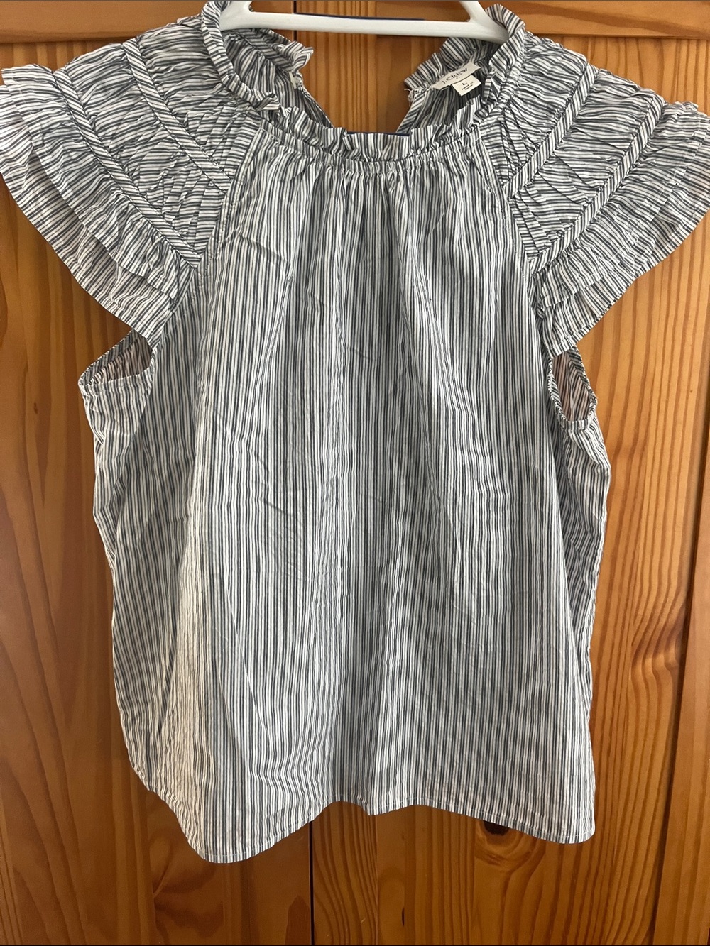 J Crew Striped Ruffle Sleeve Blouse - Blue and White